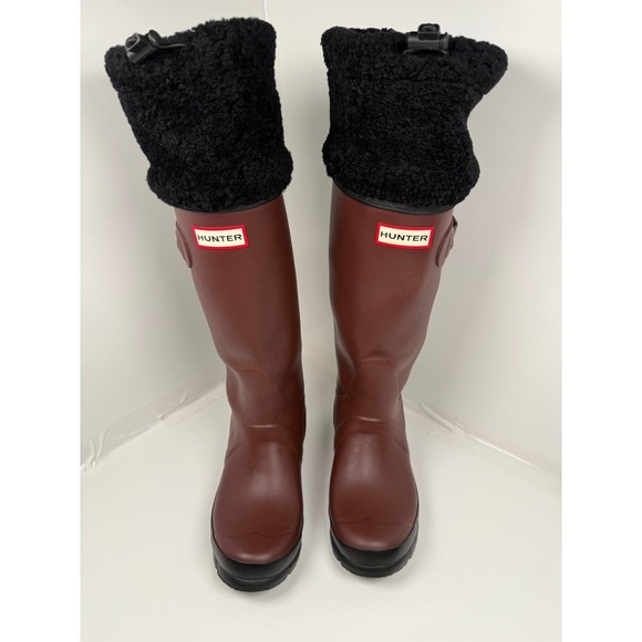 Hunter Shoes - Hunter Rain Boots Women Size 5 Burgundy Tall Shearling Cuff Buckle Waterproof